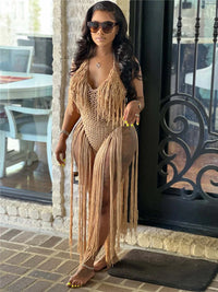 Halter V-Neck Tassel Backless Crochet Maxi Dress