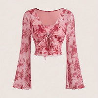 Y2K Floral Mesh Flare Sleeve Top