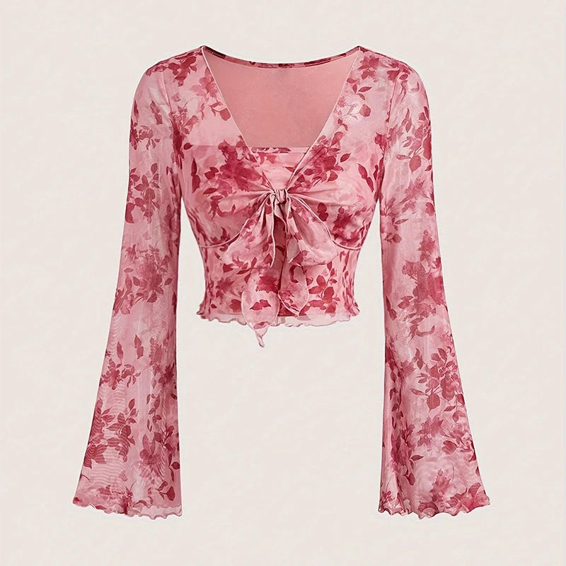 Y2K Floral Mesh Flare Sleeve Top