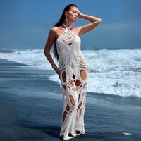 Lace-Up Halter Backless Crochet Maxi Cover-Up Dress