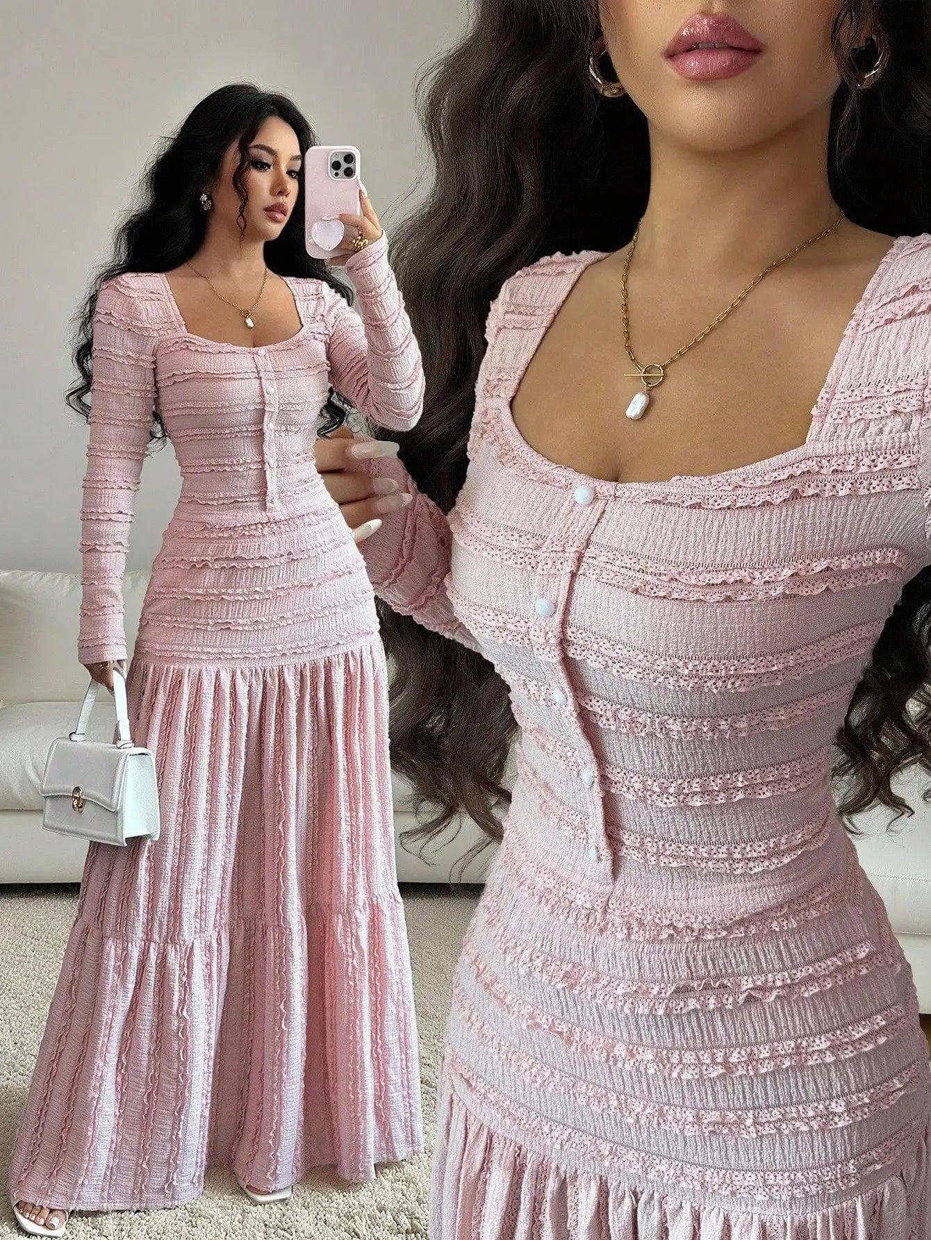Pink Lace-Trimmed Square Neck Button-Up Maxi Dress Set