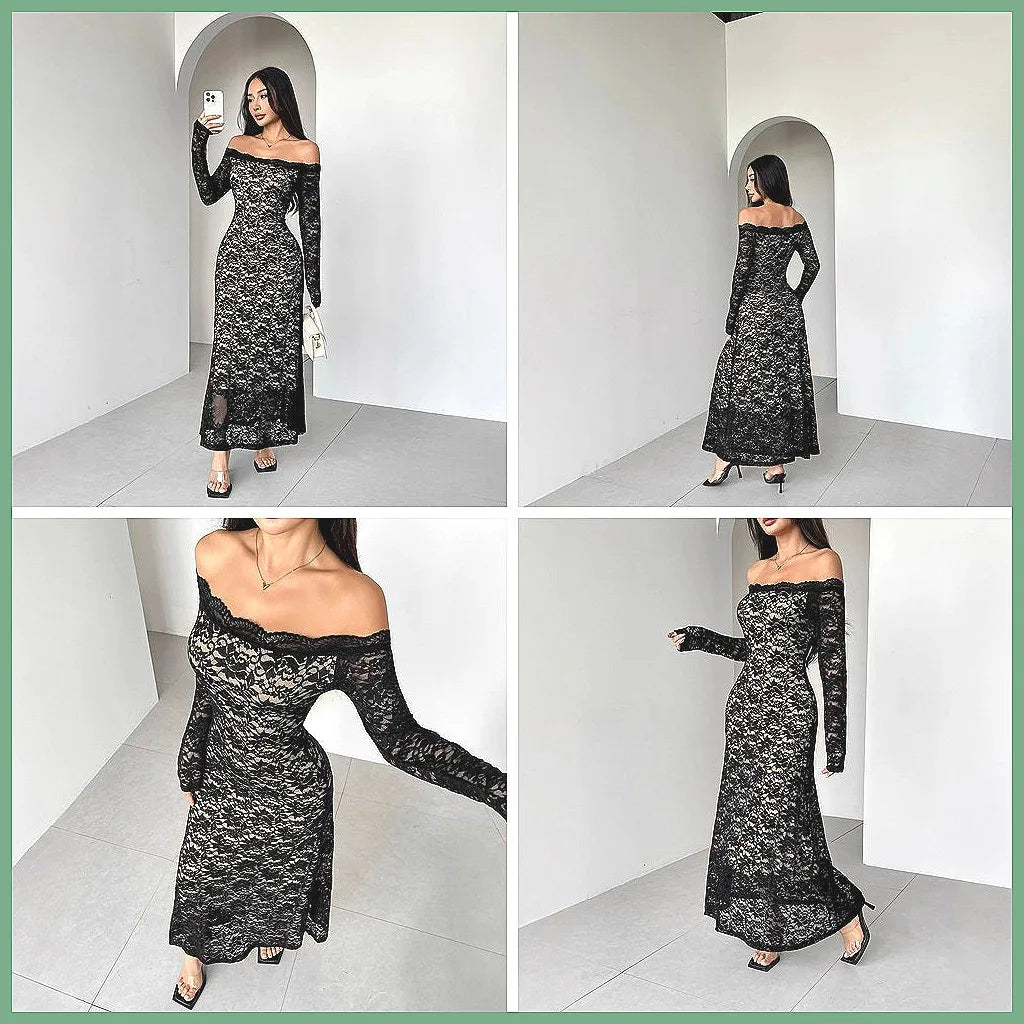 Off-Shoulder Lace Long Sleeve Bodycon Maxi Gown