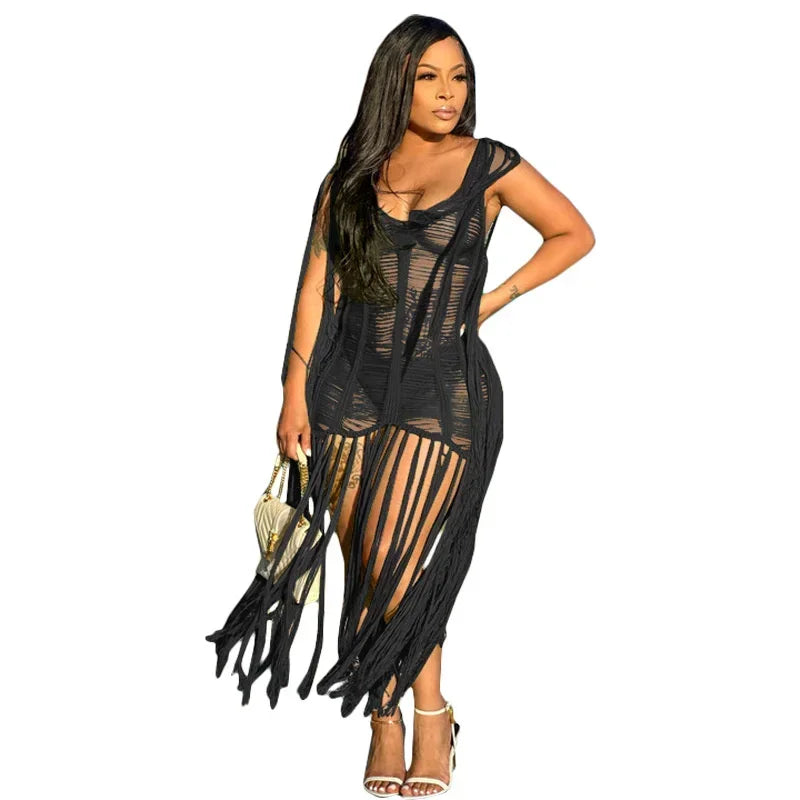 Fringe Tassel Crochet Beach Cover-Up Maxi Dress