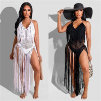 Halter V-Neck Tassel Backless Crochet Maxi Dress