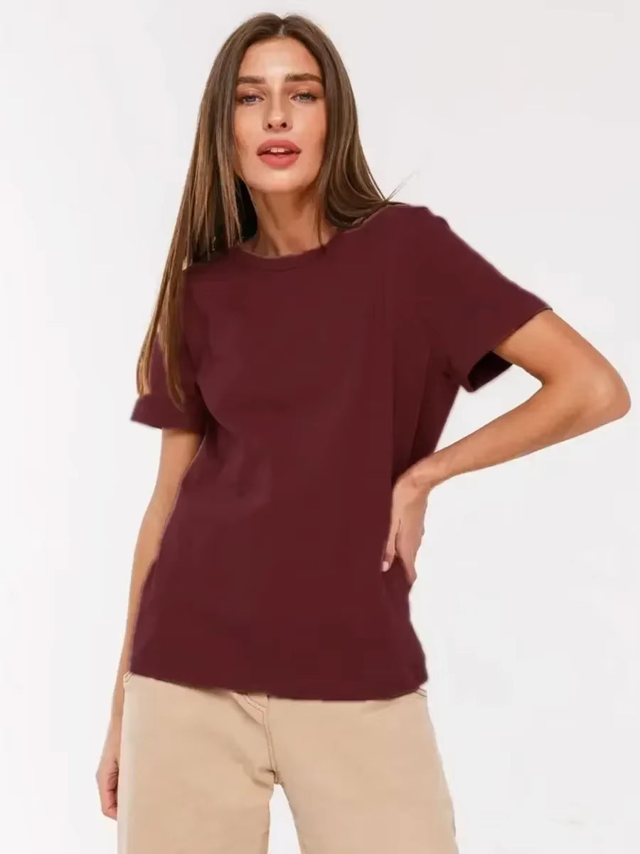 Summer 100% Cotton Women'S T-Shirt Bottoming Basic Fashionable Solid Lady Short Sleeve Loose Tops Shirts 230G/㎡ Tops