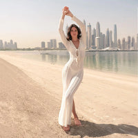Long Sleeve Deep V Crochet High Slit Maxi Dress