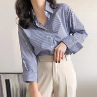 Striped Lantern Sleeve Stand Collar Blouse