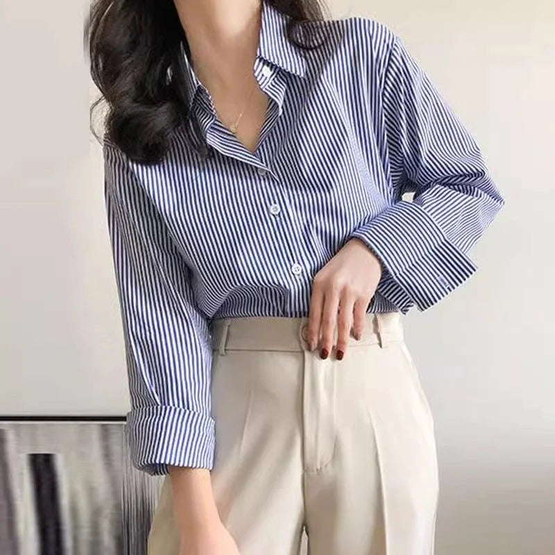 Striped Lantern Sleeve Stand Collar Blouse