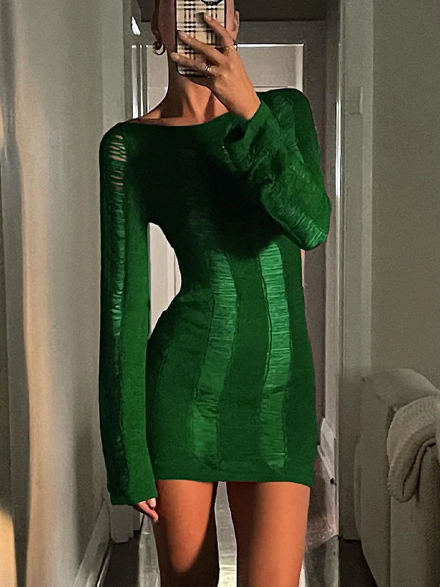 Sexy Knitted Cutout Short Dress 2022 Spring Summer Backless Long Sleeve round Neck Wrapped Mini Dresses Streetwear Solid