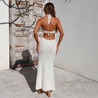 V-Neck Backless Crochet Halter Maxi Dress – White