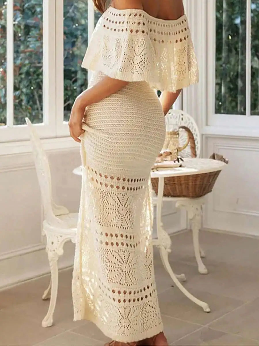 Cream Off-Shoulder Drawstring Waist Crochet Maxi Dress