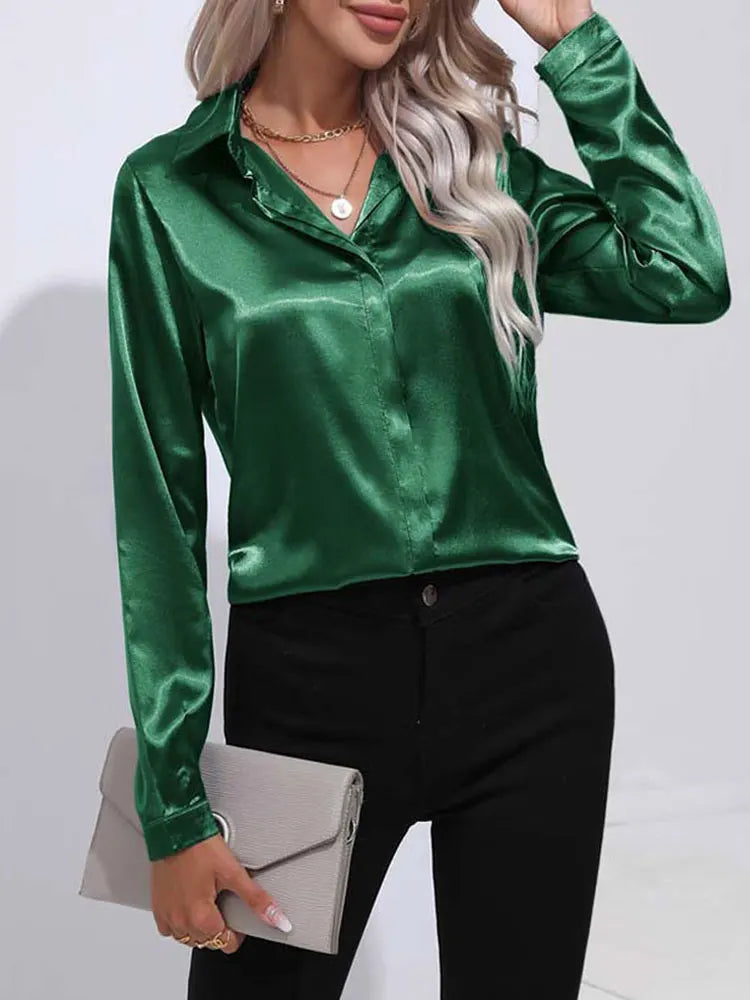 V-Neck Long Sleeve Satin Silk Blouse