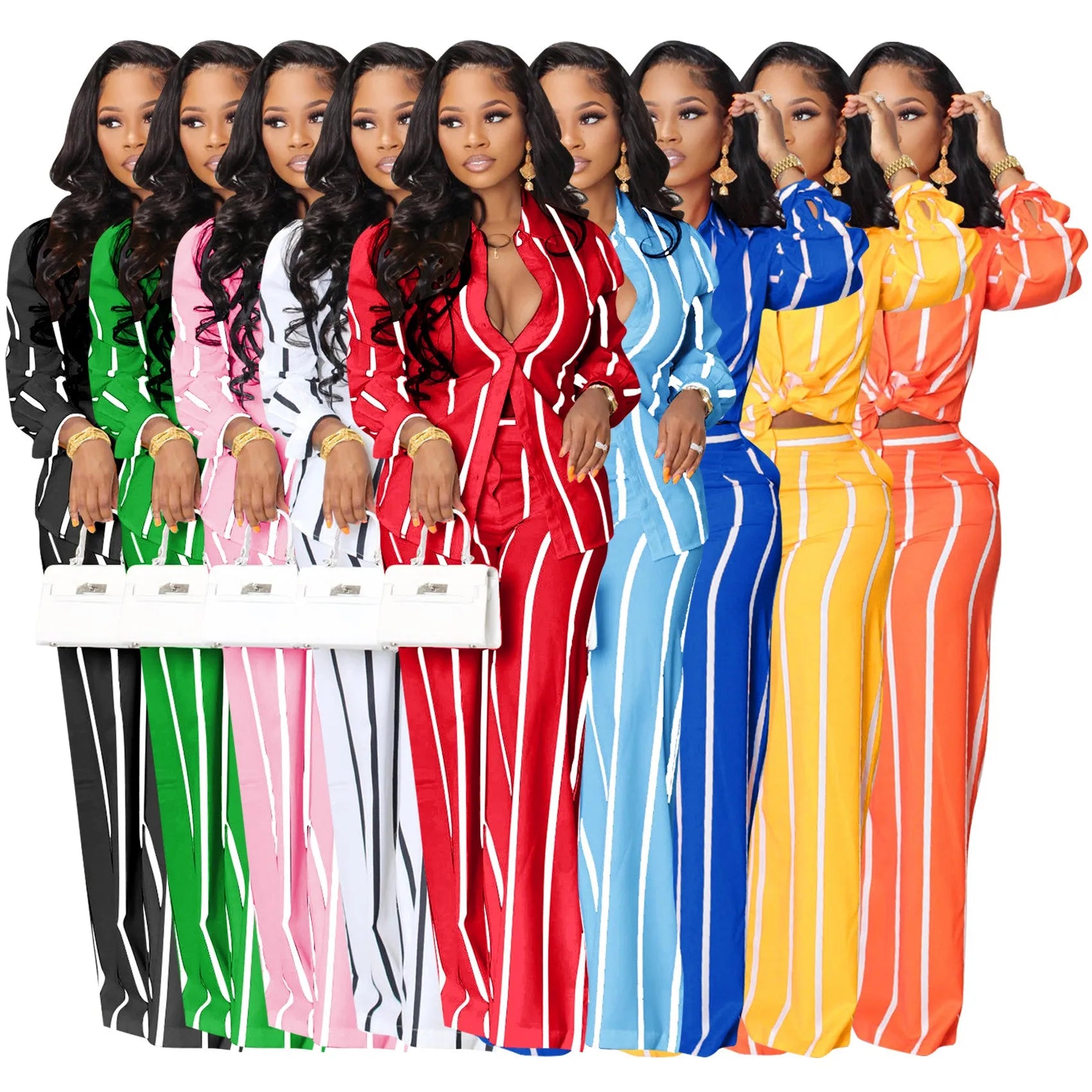 Striped Print Long Sleeve Blouse & Pants Set