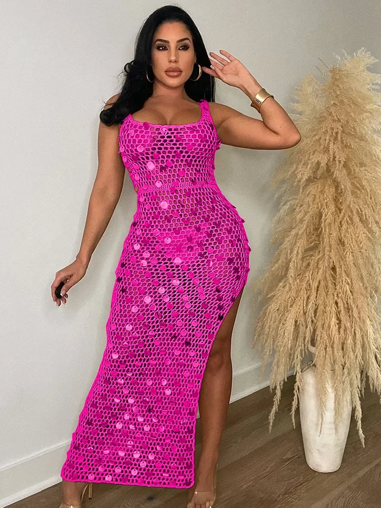Sequined Crochet Hollow-Out Maxi Dress