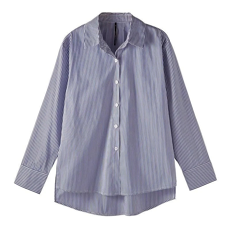 Striped Lantern Sleeve Stand Collar Blouse