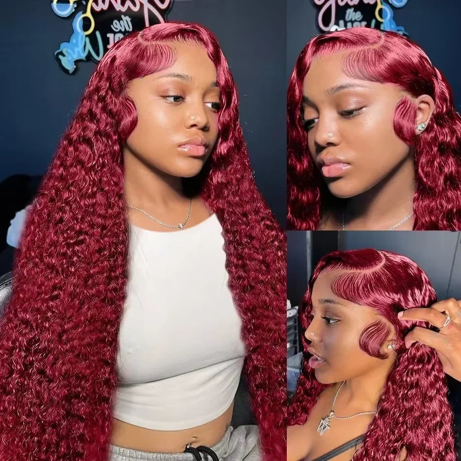 46 Inch Deep Wave High Density 99j Burgundy 13x6 Lace Frontal Human Hair Curly Wig Red Colored 13x4 HD Lace Front Wig For Women