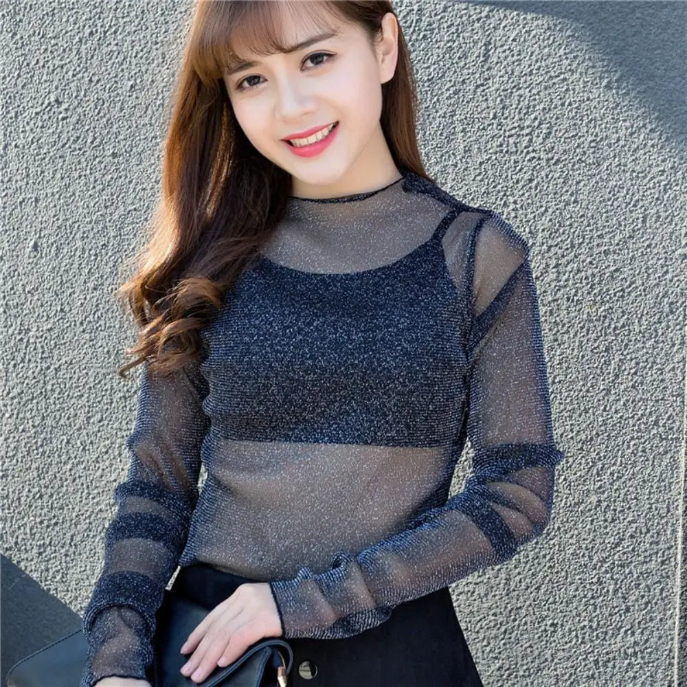 Half-High Collar Sheer Mesh Base Top