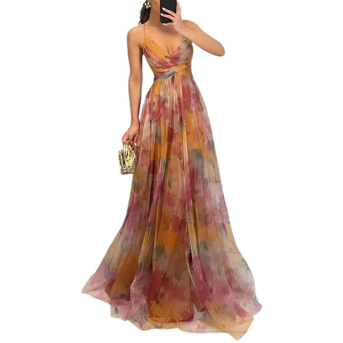 Elegant Formal Party Dress Elegant One Shoulder Tie-Dye Ball Gown with Mesh Bubble Sleeves Split Hem Women'S Evening Dress