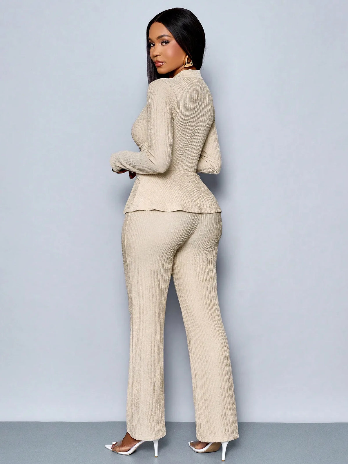V-Neck Peplum Top & Wide Leg Pants Set – Beige