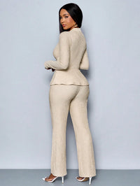 V-Neck Peplum Top & Wide Leg Pants Set – Beige