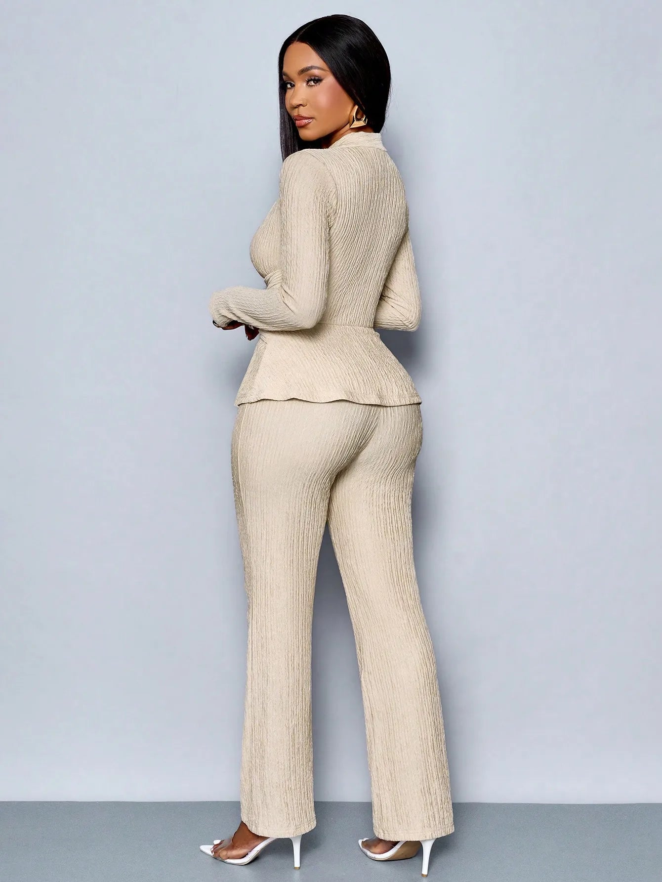 V-Neck Peplum Top & Wide Leg Pants Set – Beige