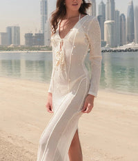 Long Sleeve Deep V Crochet High Slit Maxi Dress