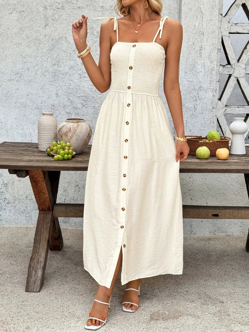 Smocked Button Front Tie Shoulder Midi Dress
