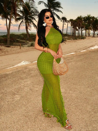Lime Green Crochet Halter Maxi Dress with Tassel Hem