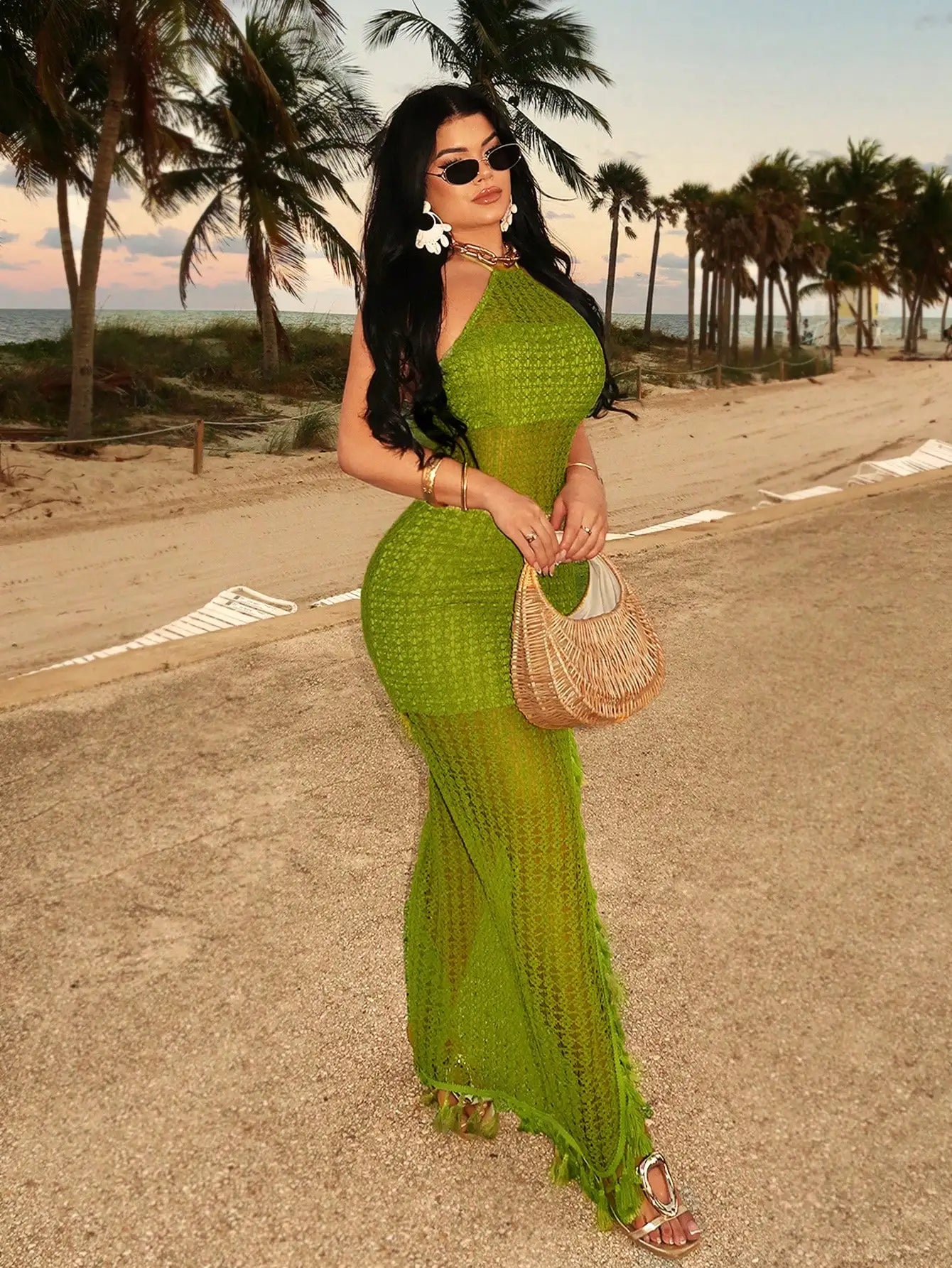 Lime Green Crochet Halter Maxi Dress with Tassel Hem