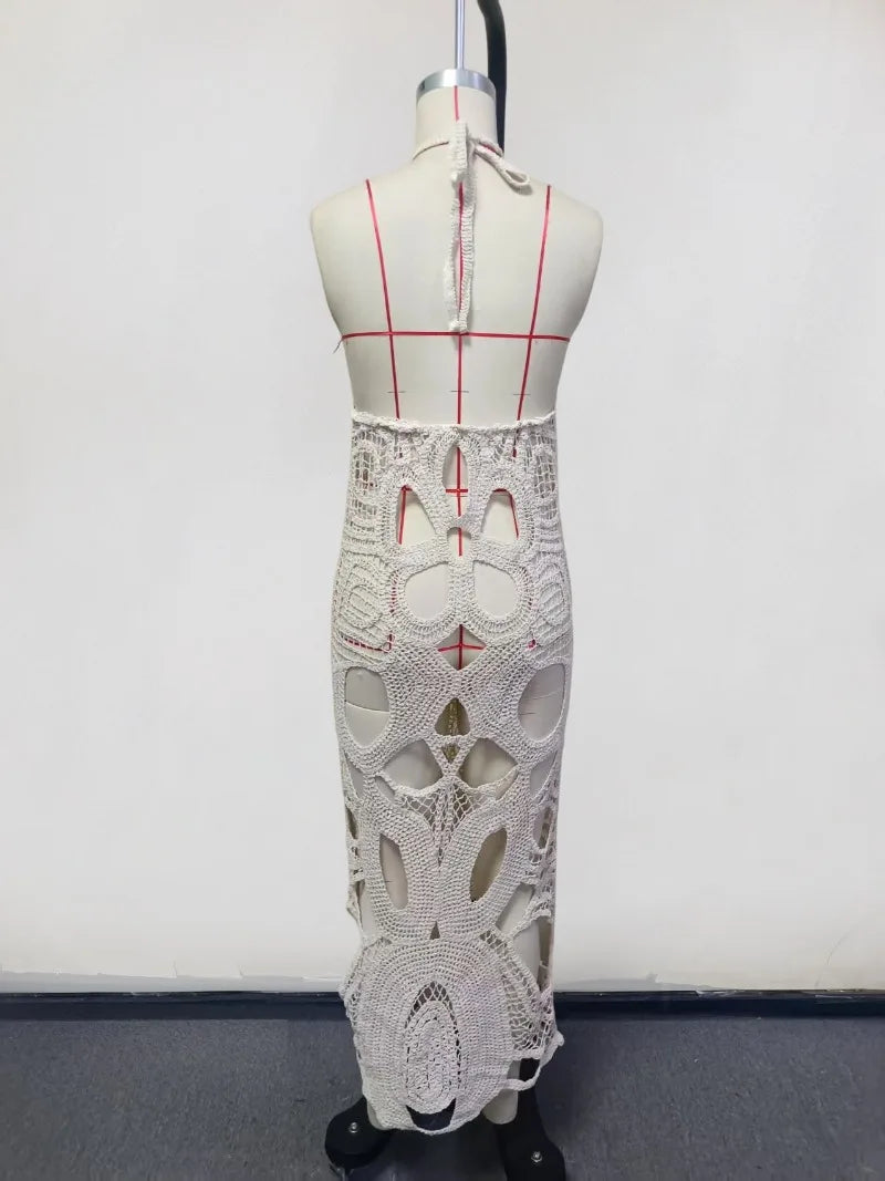 Lace-Up Halter Backless Crochet Maxi Cover-Up Dress