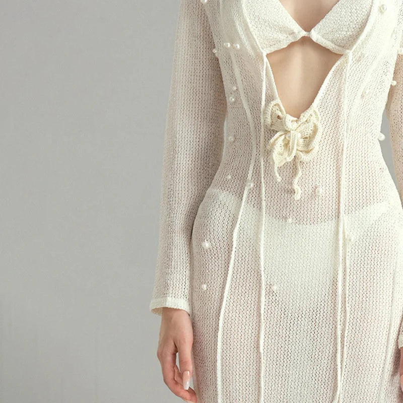 Long Sleeve Deep V Crochet High Slit Maxi Dress