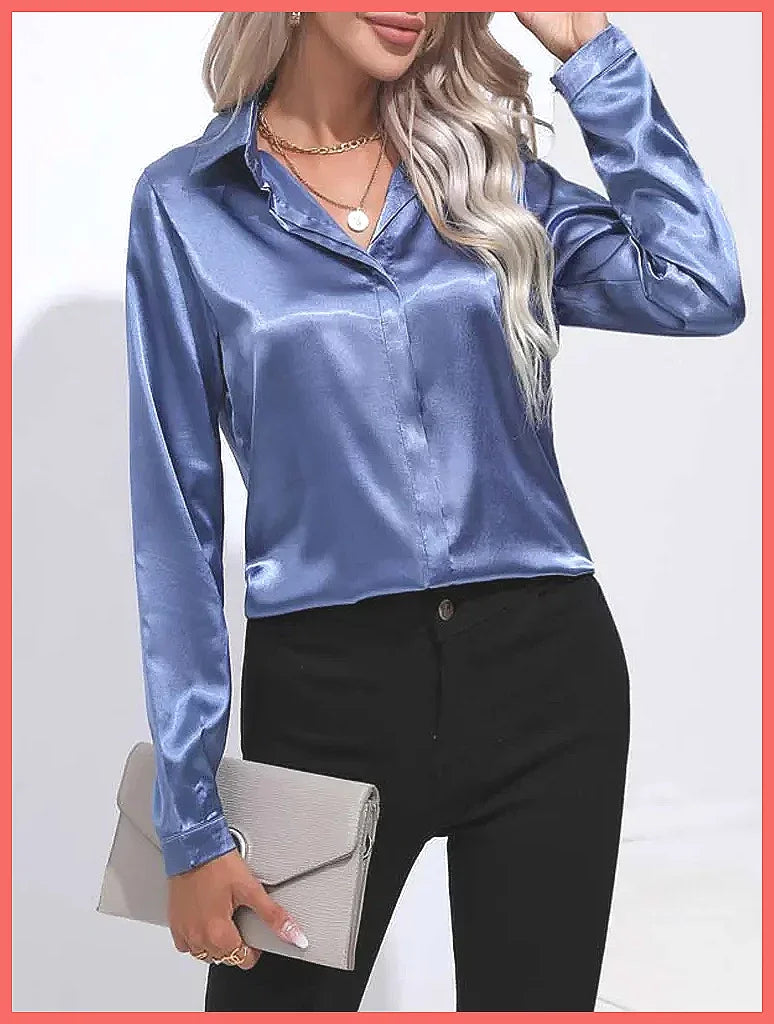 V-Neck Long Sleeve Satin Silk Blouse