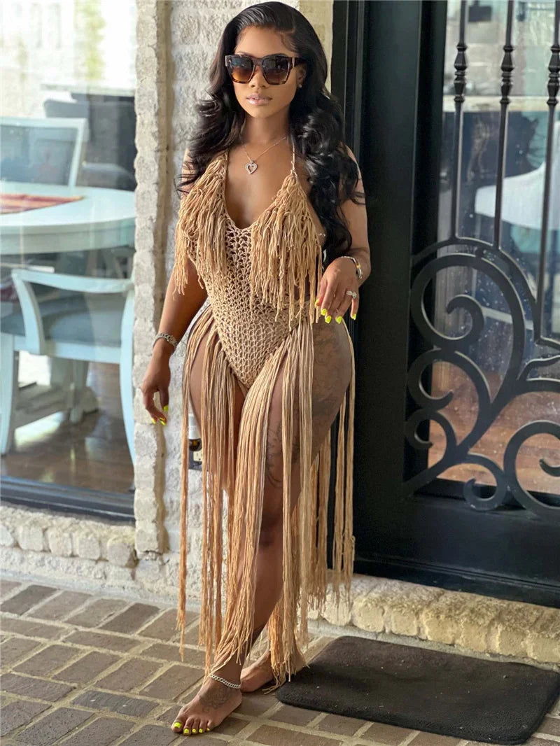Halter V-Neck Tassel Backless Crochet Maxi Dress