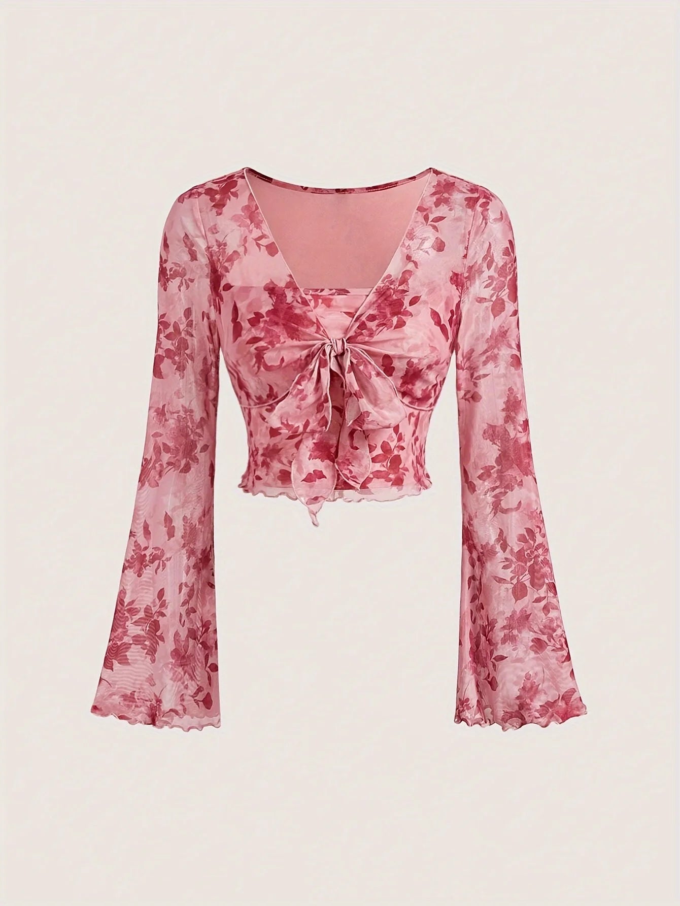 Y2K Floral Mesh Flare Sleeve Top