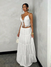 White Lace Trim Cami Top & Tiered Maxi Skirt Set