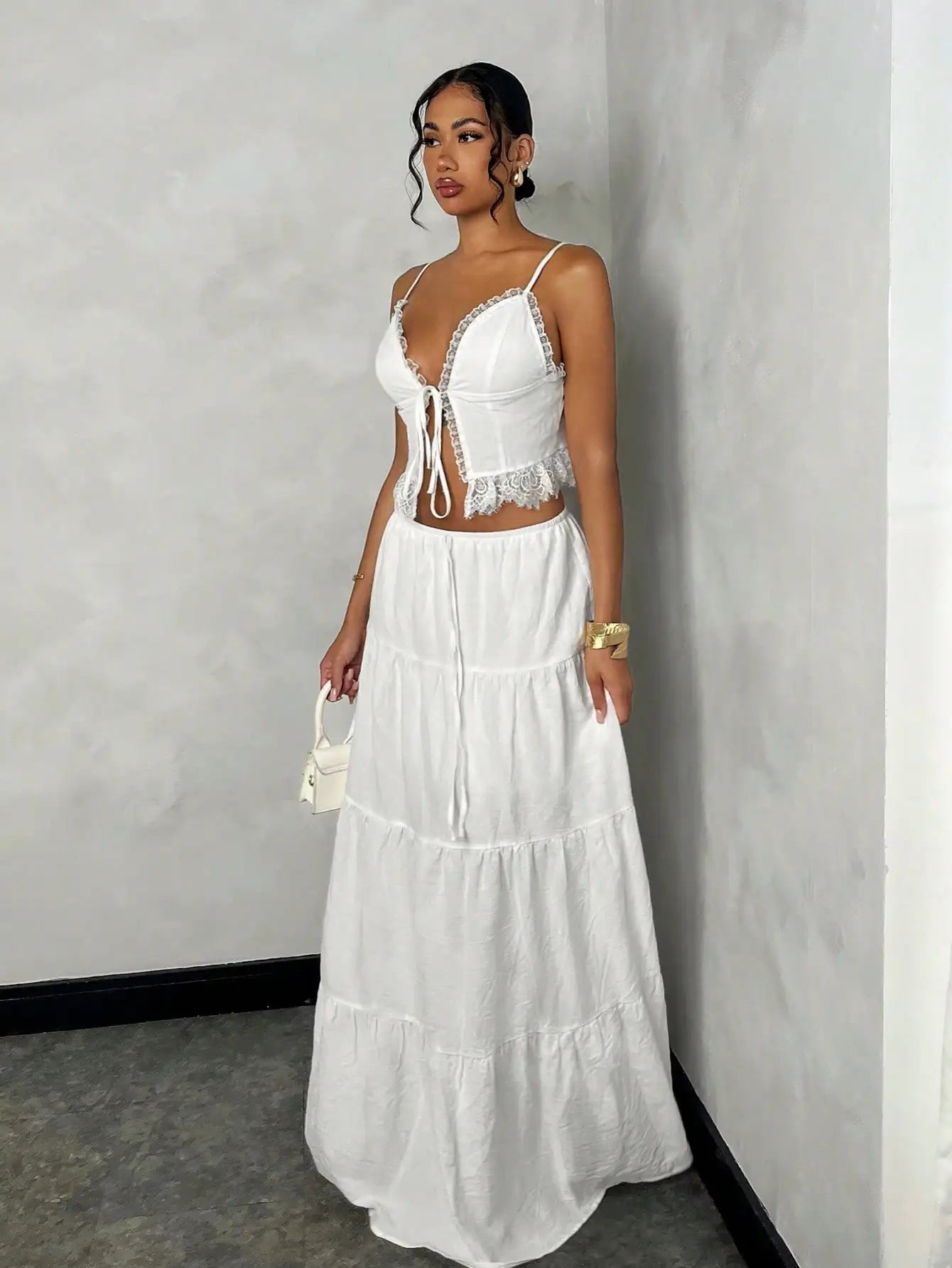 White Lace Trim Cami Top & Tiered Maxi Skirt Set