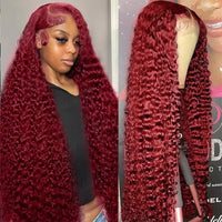 46 Inch Deep Wave High Density 99j Burgundy 13x6 Lace Frontal Human Hair Curly Wig Red Colored 13x4 HD Lace Front Wig For Women