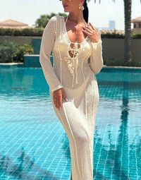 Long Sleeve Deep V Crochet High Slit Maxi Dress