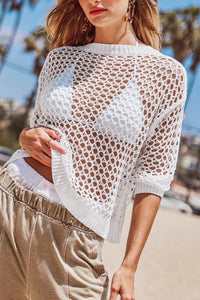 Sheer Crochet Knit Open Mesh Half Sleeve Top