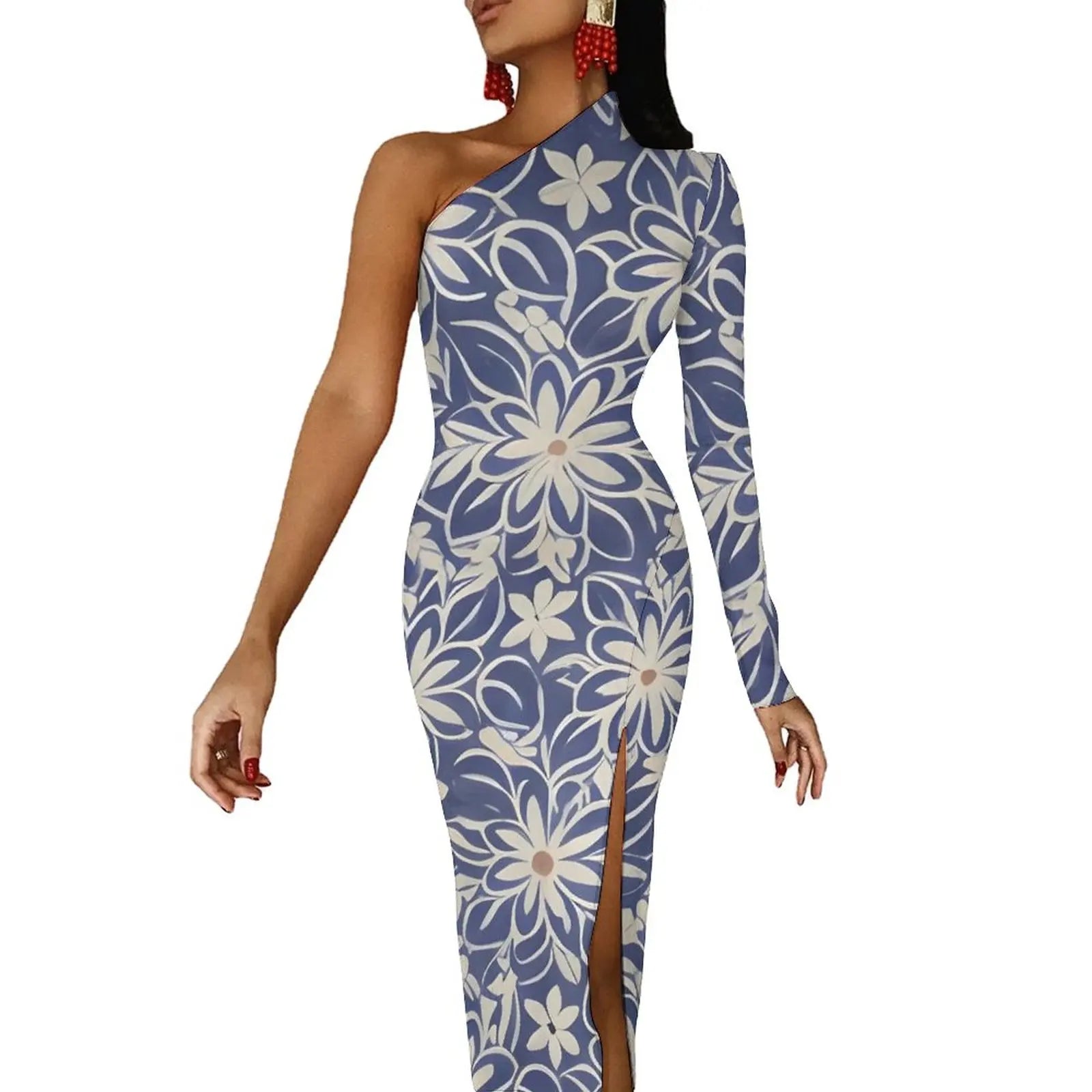 One-Shoulder Floral Print Bodycon Maxi Dress