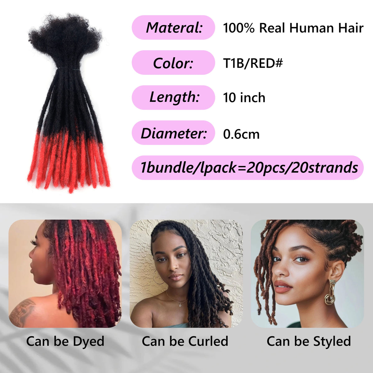 Human Hair Dreadlock Extensions – 1B Red