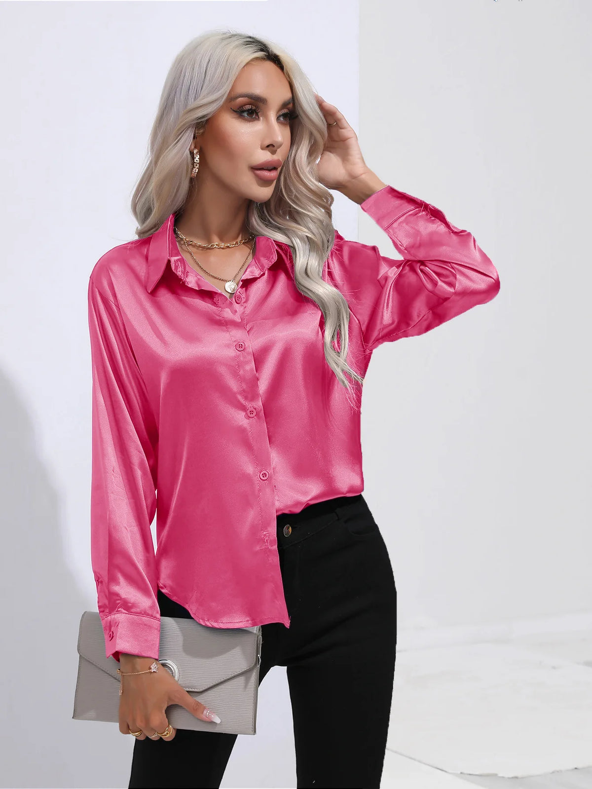 V-Neck Long Sleeve Satin Silk Blouse