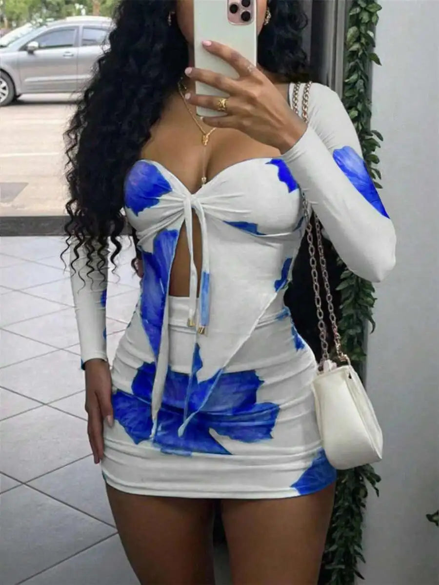 Floral Print Front Knot Cutout Mini Dress