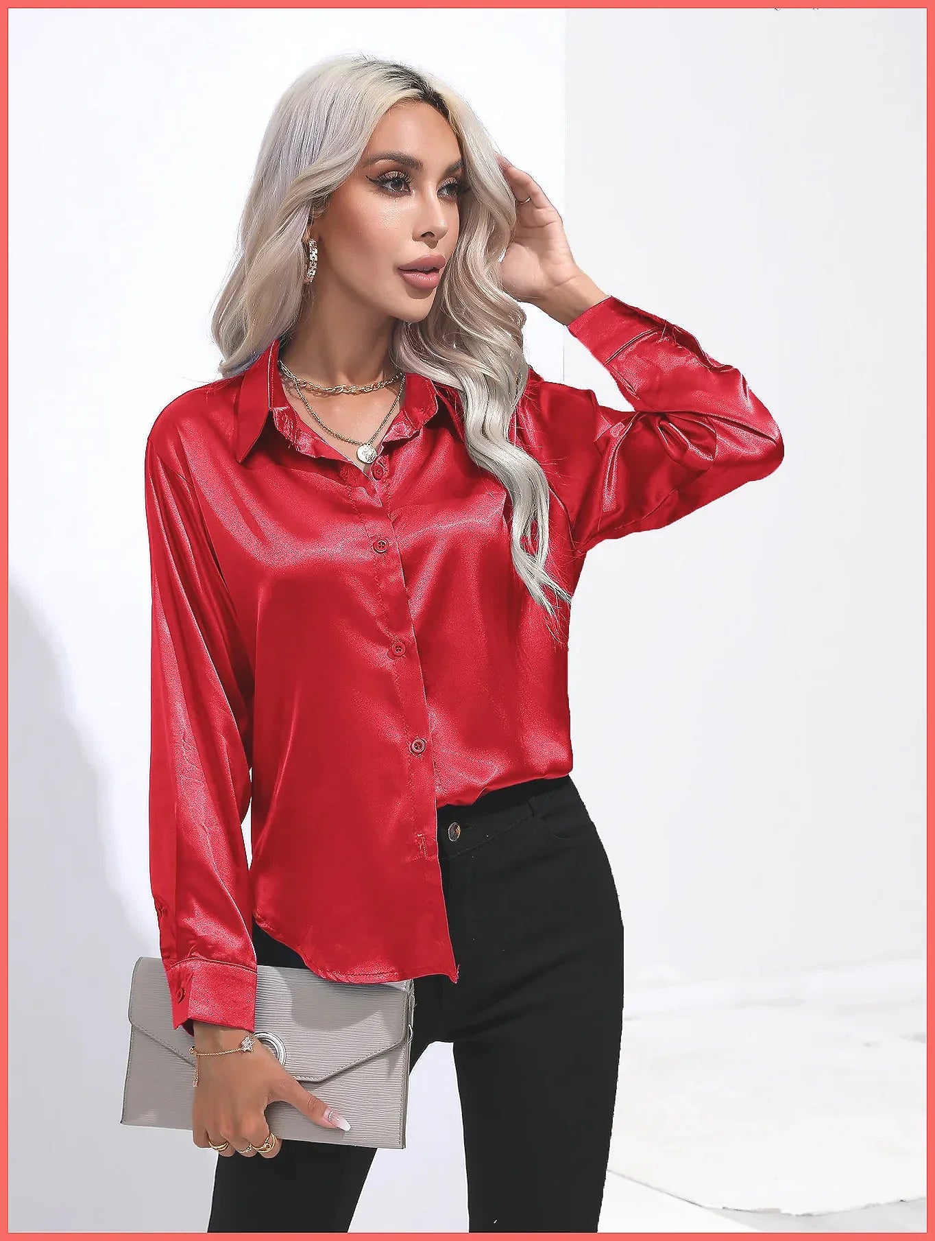 V-Neck Long Sleeve Satin Silk Blouse