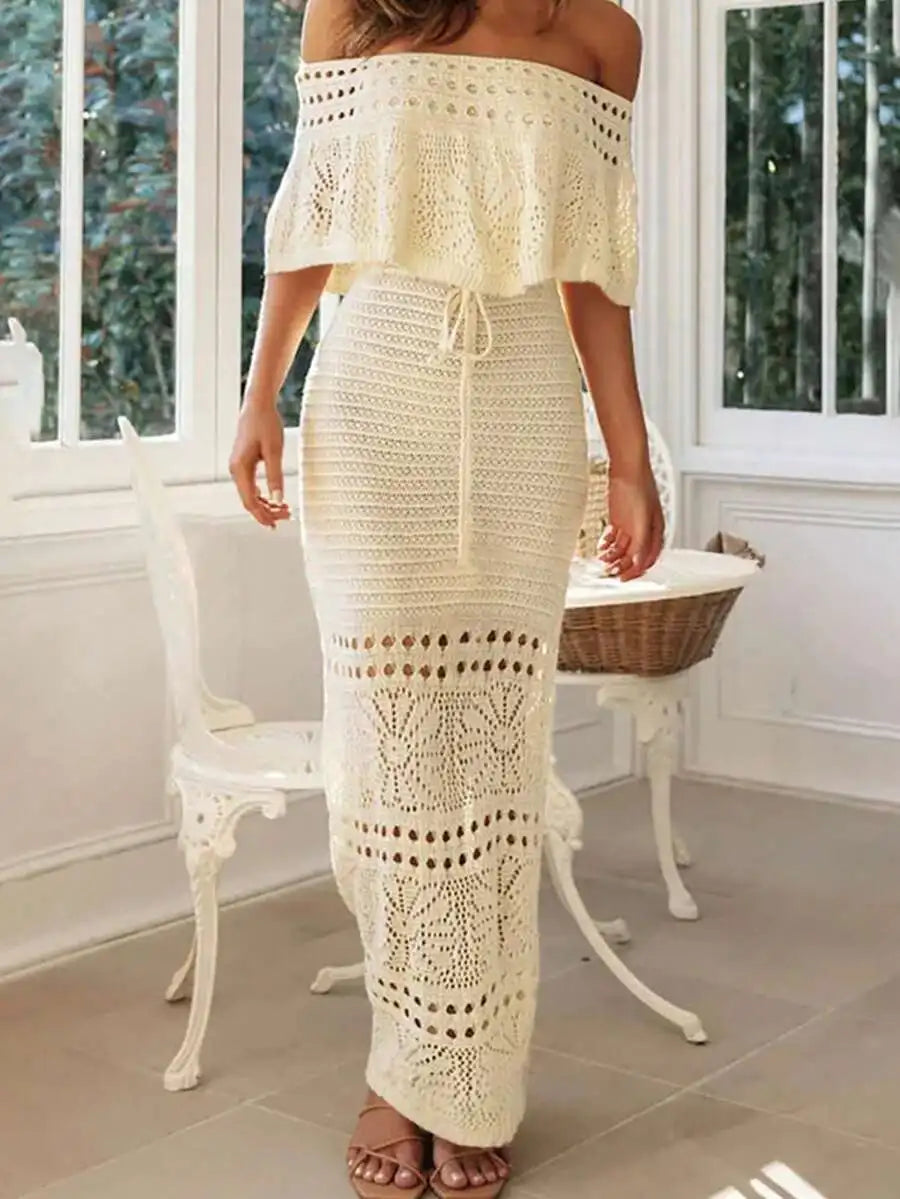 Cream Off-Shoulder Drawstring Waist Crochet Maxi Dress