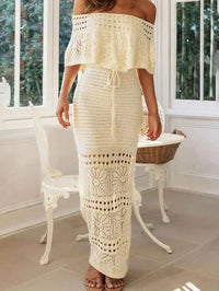 Cream Off-Shoulder Drawstring Waist Crochet Maxi Dress