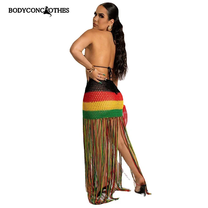 Colorful Hand Crochet Lace-Up Bra & Tassel Maxi Skirt Set