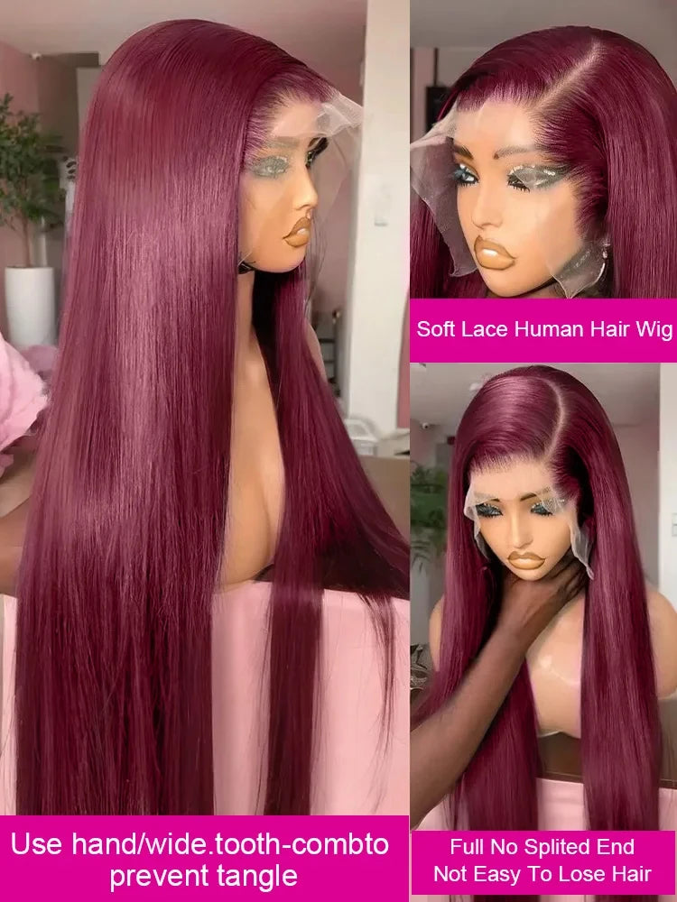 99J Burgundy Bone Straight 13x6 HD Lace Frontal Wig – 30–36 Inch Human Hair