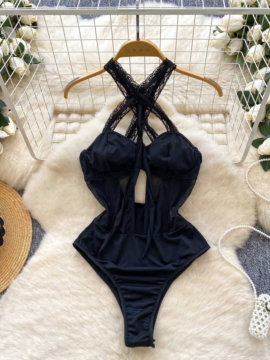 Cross Strap Mesh Lace Sleeveless Bodysuit