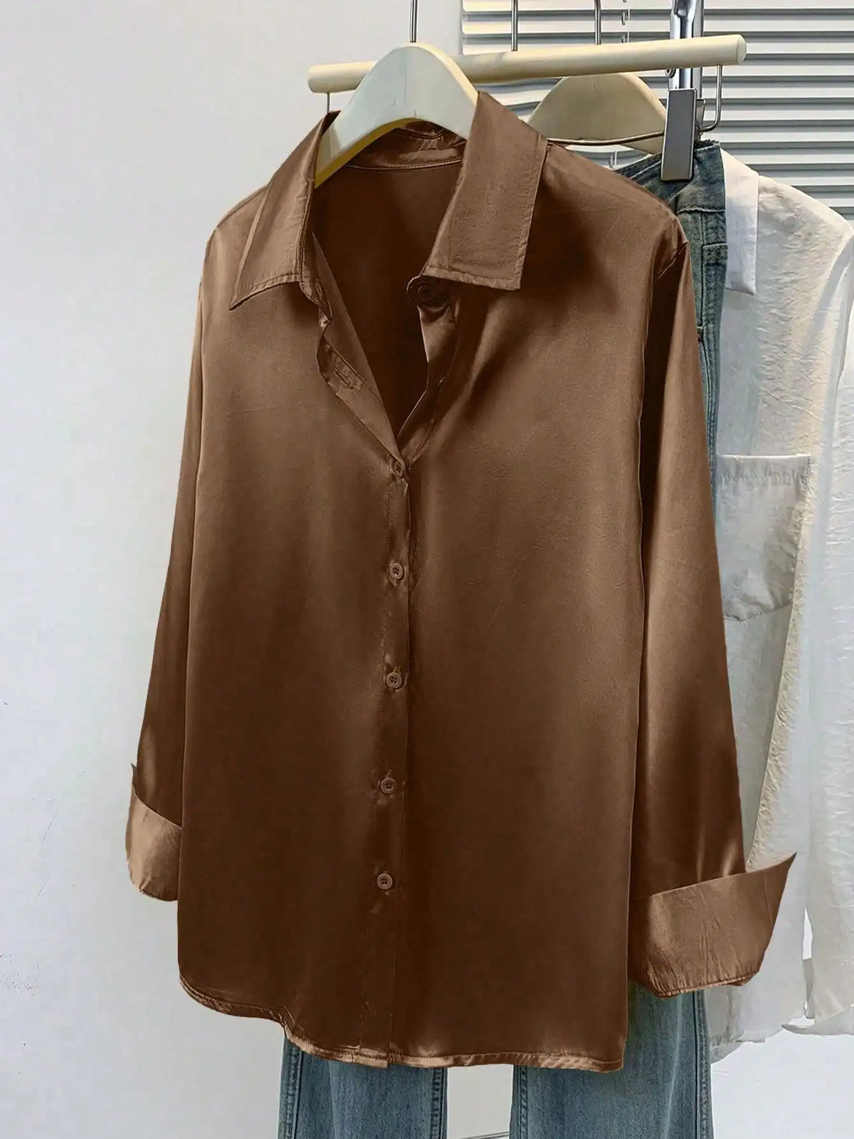 Satin Button-Up Collared Blouse